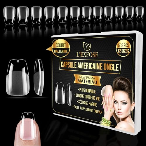 L'Exfose 552 pcs Capsule Americaine Ongle Court - 12 Tailles New PMMA Hypoallergenique Ballerine Faux Ongles Court for DIY Nail Art & Salon - Semi Transparent Press On Nails