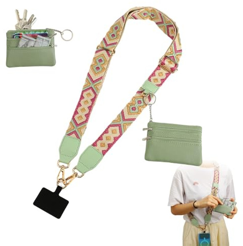 Zippered Pouch Phone Strap with Crossbody Clip, Adjustable Lanyard Charm for Women (apricot patterns)