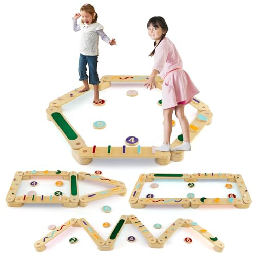 COSTWAY Balancierbalken Kinder, DIY Schwebebalken mit 6 Balanciersteine, beidseitig Montage, Balance Board Indoor für Kinder ab 1 Jahre, aus Holz