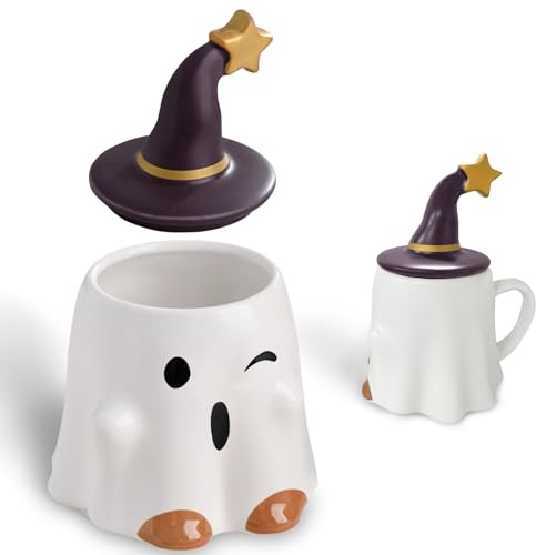 Halloween Ghost Mugs, Cute Ceramic Ghost Cups Halloween Funny Mug with Lid Ceramic Novelty Ghost Coffee Themed Espresso Cup Drinking Cup for Adults Women Men Friends Halloween Gifts Mug (Wink)