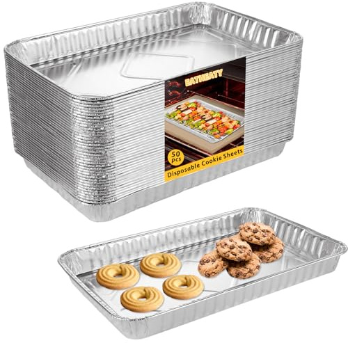 EATHEATY 50 Pack Aluminum Pans Half Size 12.7 x 8 inch Disposable Cookie Sheets Baking Cake Pans, Nonstick Baking Sheets Foil Pans Shallow Sheet Pan Baking Tray