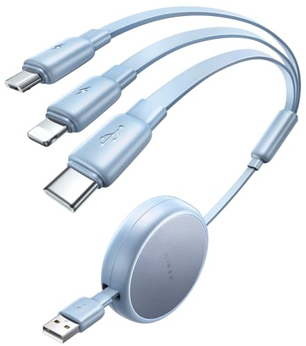 LISEN Multi Charger Cable, Retractable USB C to USB Charging Cable 3 in 1 Charger Lighting/Micro USB Cable, Travel Chargers for Multiple Devices for iPhone 17 16 15 14 Pro/Galaxy S25/Switch2, Blue