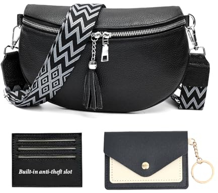 Kleine Umhängetasche Damen mit Breitem Gurt, Bauchtasche Echt Leder Stylisch mit Vielen Kartenfächern, Crossbody Bag Klein, Münzbörse Damen Senden (Schwarz)