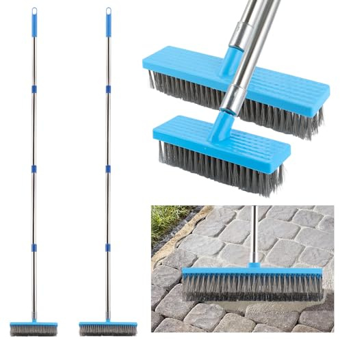 LOLYSIC 2 Pcs Stainless Steel Wire Broom, Deck Scrub Brush with 63 Long Handle, Metal Bristle Floor Scrubber for Cleaning Moss Weed Grout Stains on Concrete Garden Patio Pool