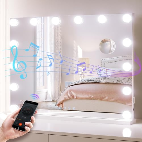 SONNI Hollywood Spiegel mit Licht Bluetooth & USB 80x60 cm Kosmetikspiegel | 3 Lichtfarben, dimmbar, mit 10x Lupe, Touch & Memory-Funktion, 14 LED Lampen. Ideal für Pro-Make-up Studio & Geschenk
