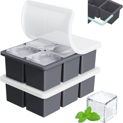 Theuwnee® Large Ice Cube Tray for Whiskey: Big Square Ice Cube Maker for Cocktail - 2Pack Silicone Old Fashioned Ice Cube Trays - 2inch Huge Cubed Ice Trays for Whisky (Black)