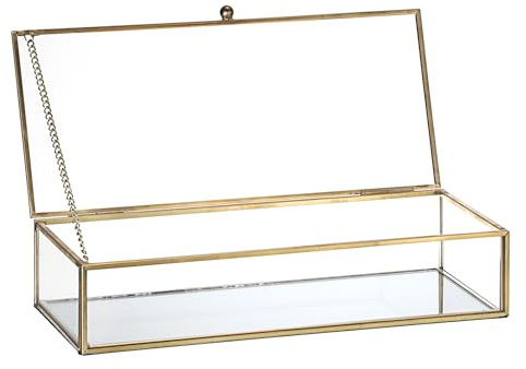 SUMTree Vintage Schmuckschatulle Glas Display Box Gold Schmuckbox mit Deckel Rechteckige Schmuckkästen Deko Organizer für Ring, Ketten, Uhr, Armbänder, Ohrringe Damen Geschenk für Geburtstag Hochzeit
