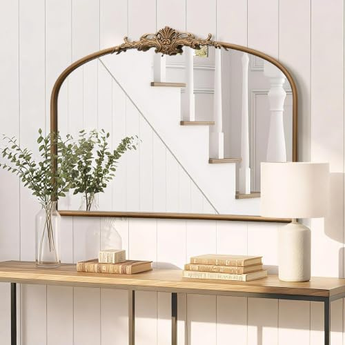 Besdomus Antique Gold Wall Mirror: 80x60cm French Brass Decorative Mirrors | Vintage Baroque Ornate Arched Metal Framed for Mantel/Hallway/Bathroom Vanity/Bedroom - Ideal Gifts for Anniversary/Birthday
