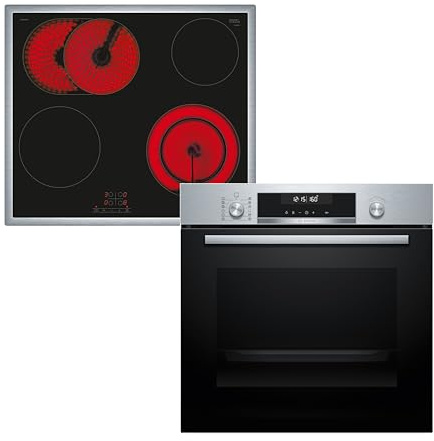 Bosch HBD671CS62, Backofen-Set, Einbau-Backofen 60 cm, HBG578BS3 Serie 6, Air Fry, Pyrolyse, Edelstahl & Elektro-Kochfeld 60 cm, PKN645BA2E, Serie 4, Touch Bedienung, erweiterbare Kochzone, mit Rahmen