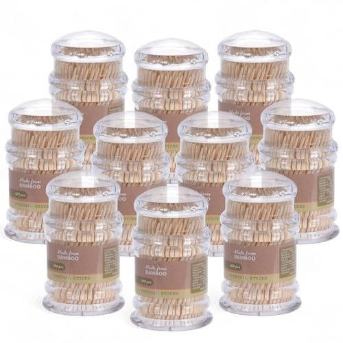 MIJOMA Palillos de madera sin tratar, ideales para uso diario, higiene dental, aperitivos, manualidades (10 x 200 unidades en dispensadores)