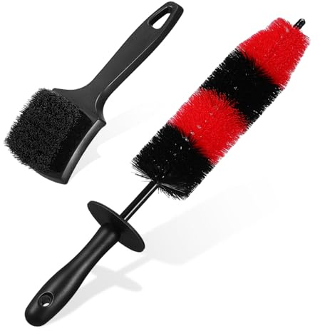 Mikikit Set 2 Spazzole per La Pulizia dei Cerchi e Pneumatici Auto Setole Rigide e Testa Flessibile, Kit per Lavaggio del Veicolo, Spazzole per La Cura Dettagliata in Garage