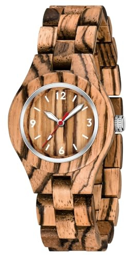 Tiong Orologio da donna in legno di bambù marrone, rotondo, classico, al quarzo, in legno, analogico, al quarzo, per donne