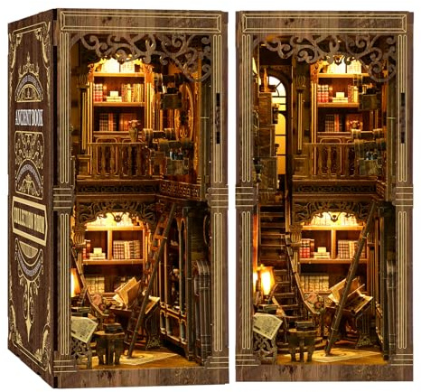 Book Nook Kit för Vuxna - DIY Miniatyrbibliotek Gamla Böcker - 3D Pussel Trä Bokstöd, 3D Dockhus Bokstöd med LED-belysning, Bokhyllsdekoration Kreativ Gåva för Läslärare