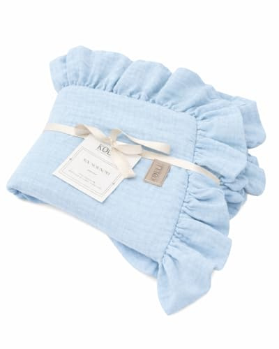 KOELL Musselindecke mit Rüschen – Sommerdecke für Babys, Atmungsaktiv und Weich, 110×85 cm, Double Gauze Baumwolle, GOTS und Oeko-Tex, Blau