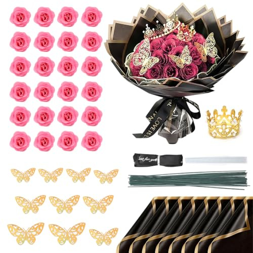 FARYODI Glitter rosbukett 24 stycken, gör-det-själv falska glitter rosor bukett med krona, presenter för bröllop, jubileum, förlovning, födelsedag, jul, alla hjärtans dag (rosa)