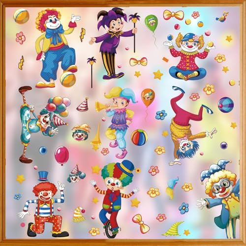 Karneval Deko, 9 Blatt Fensterbilder Karneval Selbstklebend Clown Fenster Aufkleber Doppelseitig Fasching Clown Fenster Fasching Party Dekorationen Kinderzimmer Abziehbilder