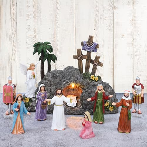 Fovths 12 Pieces LED Easter Scene and Cross Decoration Easter Resin Tabletop Decorations Resurrection of Jesus Statue Jesus Nativity Scene Decorations for Christian Figurines Home Office Tabletop
