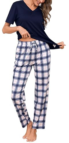 Aseniza Pyjama Femme Été en Coton – Ensemble de Pyjama Élégant avec Col en V et Pantalon Long à Carreaux Vêtements de Nuit Idéals pour Dormir et Se Détendre à la Maison