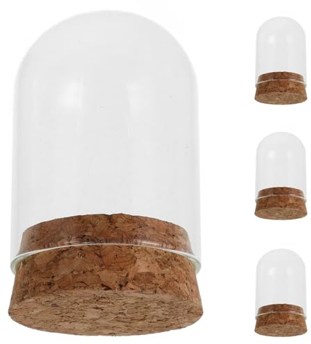 Hemobllo Présentoir en Verre avec Dôme Transparent et Socle en Liège, Lot de 4 Pièces, Protection Anti-poussière pour Figurines, Rangement et Décoration de Bureau, Vitrine D’Exposition