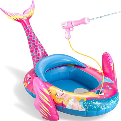 ASDGZD Mermaid Kids Pool Floats with Water Gun,Toddler Pool Float Inflatable Ride-on Swimming Pool Toy for Girls Aged 4 5 6 7 8 Years,Summer Outdoor Water Pool Games Toys for Girls