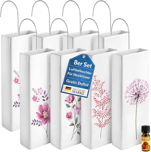 8er Set Luftbefeuchter Heizung Keramik 380ml Heizkörper Verdunster weiß mit Haken Blumenmotive Raumklima verbessern Wasserverdampfer ohne Strom - Blumenmotiv