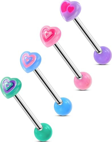 OUFER 4 Pièces Cœur Piercing Langue 316L Acier Chirurgical Acrylique Piercing à la Langue Arc-en-Ciel 14G 16mm pour Femmes Hommes