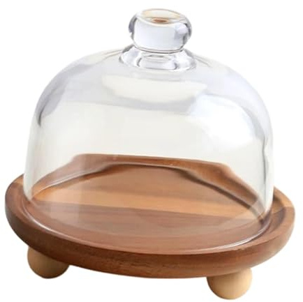 Baoblaze Wooden Cake Stand with Lid Glass Cover Cheese Bread Dish Organizer Cupcake Holder Server Tray for Birthday Cookie Restaurants, 14.8cmx15.5cm