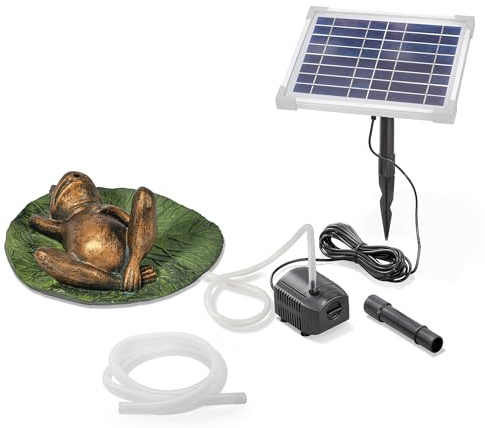 Esotec Solar Wasserspeier Set Frosch auf Seerosenblatt 250l/h IP68 101672 | 5Wp Solarmodul, 250l/h, IP68 Pumpe, 1m Förderhöhe, Trockenlaufschutz, 5m Kabel, schwimmend, Polyresin, 1m Schlauch, 8VDC