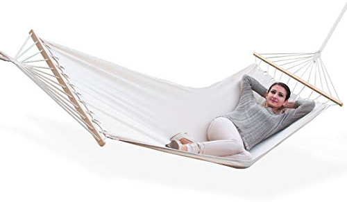 DEMA Hängematte Blanc 180x95 cm Garten Camping Hängeliege Holzstangen 120kg | Outdoor Liege, Reise Hängesitz, Baumwollmix Stoff, Freizeit, tragbar, entspannung, stabil, einfach Aufbau