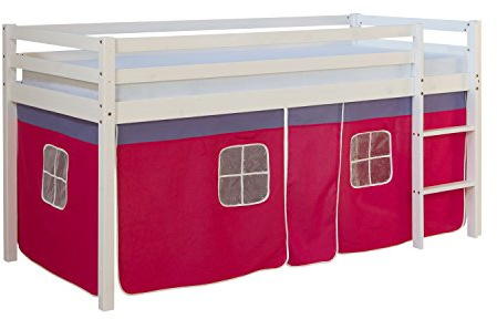 Homestyle4u Kinderbett 90x200 cm - Hochbett mit Treppe & Vorhang in Pink | Massivholz Kiefer Kinderhochbett inklusive Absturzsicherung, Leiter und Magenta Stoffvorhang für das Kinderzimmer