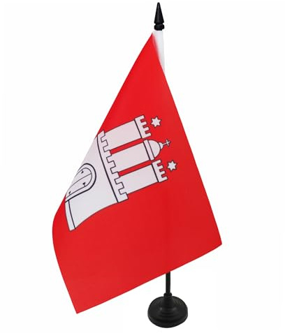 AZ FLAG Drapeau de Table Hambourg 21x14 cm Polyester 100D Socle Plastique | Usage intérieur Drapeau de bureau de Hamburg finition cousue et bords renforcés avec mât en plastique et socle en plastique