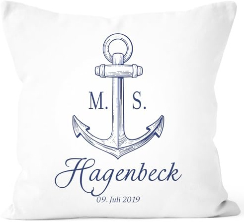 SpecialMe® personalisierbares Kissen zur Hochzeit mit Namen und Datum Anker maritim Hochzeitsgeschenk Kissenhülle Weiss Unisize