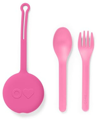 Omie Box - Juego de utensilios para niños con estuche, 2 piezas de plástico, cubiertos reutilizables con tenedor y cuchara con cápsula para niños (rosa burbuja)