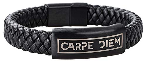 HOOF Bracelet pour homme - En cuir véritable - Noir - Tressé avec gravure CARPE DIEM - Boîte élégante - Idée cadeau personnalisée pour la fête des pères, Noël, les amis, les partenaires, jusqu'à XXXL,