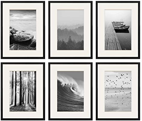 PHOTOLINI Set di 6 cornici per poster 30x40 cm con passe-partout 20x30 cm nero legno MDF, plexiglass infrangibile, da parete, accessori inclusi - per foto, immagini e poster