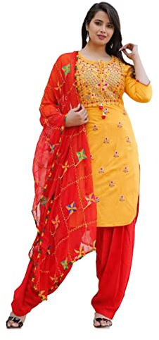 Traditional Jaipur Women's Rayon Classic 3 Piece Set Handmade Kurti with Beautiful Printed Skirt along with Shiffon Dupatta - Multicolour - UK 12