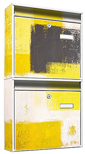 banjado Briefkastenanlage 2 Fach - 2 Briefkästen 36x64x10cm groß - Doppelbriefkasten Set - Namensschild, 2 Schlüssel, Montagematerial - Stahl verzinkt weiß - Motiv Abstrakt Gelb