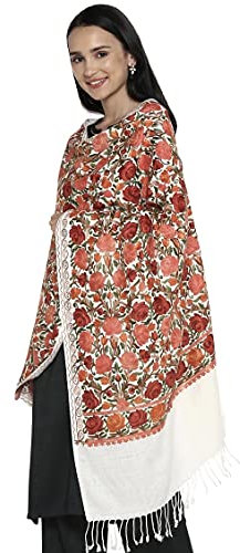 Zamour Damen Schal, bestickt, groß, aus Pashmina-Wolle, indischer Kaschmir, Übergröße, Winterschal, Stola, Schal, Weiss/opulenter Garten, 30 inches x 80 inches
