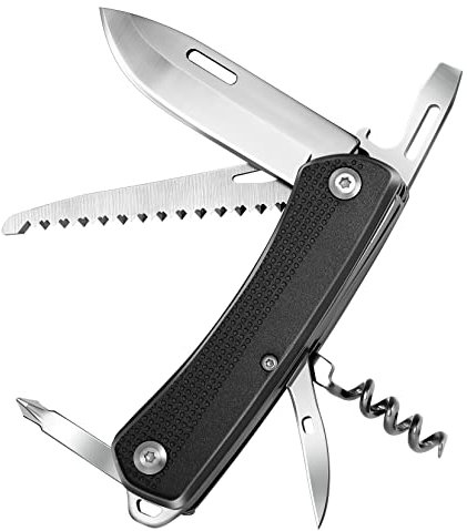 ZIMAIC Coltellino Svizzero, Coltellino Tascabile, 7 Funzioni, Coltellino Multiuso, con Apribottiglie, Cacciavite, Sega, Ideale per Esterno, Campeggio (Nero)