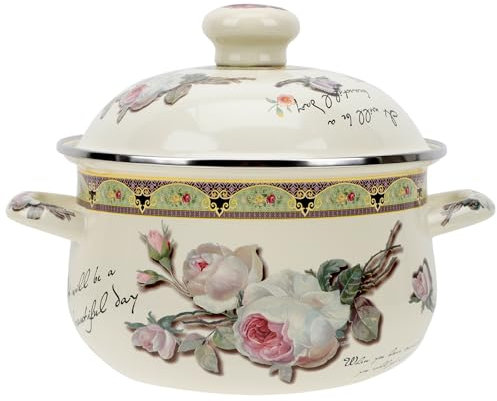 Vaguelly Emaille Suppentopf mit Deckel 2.3 Liter Retro Kochtopf Blumenmuster Suppentopf Küche Induktion Kochtöpfe mit Deckel und Griffen für Gas Induktionsherd 20cm
