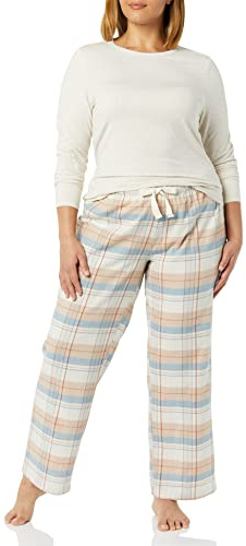 Amazon Essentials Damen Leichte Flanell Hose und Langarm T-Shirt Schlafset Oatmeal Heather/Beige/Dusty Blue Mix Plaid,L