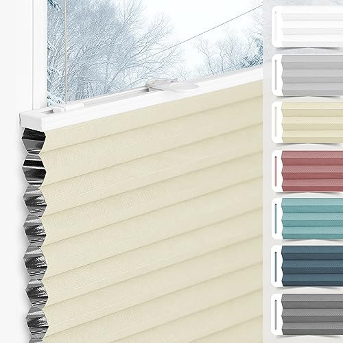 bobodeco Wabenplissee Plissee ohne Bohren Verdunkelung Klemmfix Thermo Verdunklungsplissee, Beige-Weiß 40x120 cm(BxH), 100% Verdunkelnd & Sicht- & Schallschutz, Wärmeisolierung für Fenster & Tür