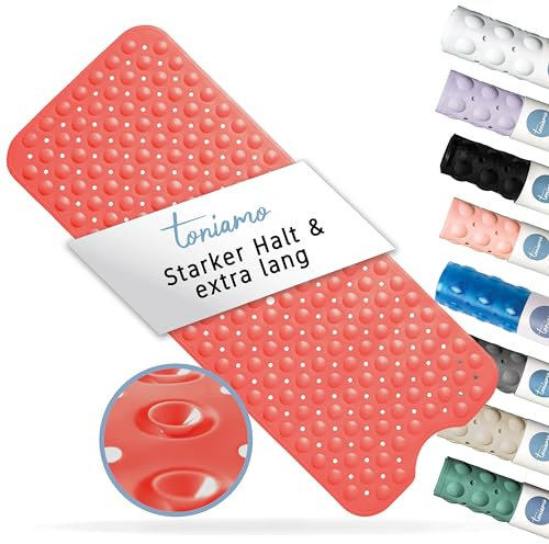 Toniamo Badewannenmatte rutschfest 100x40 cm | Extra Lange Badematte rutschfest | Antirutschmatte Badewanne ohne BPA | Badewannen Matte antibakteriell & maschinenfest | Anti Rutschmatte | Coral