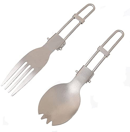 2-teiliges kleines Camping-Besteck-Set, Titan, faltbarer Löffel und Gabel, Besteck, für Outdoor, Camping, Picknick, Rucksackreisen