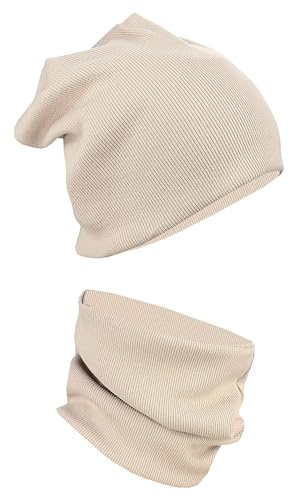 Alkato Unisex Beanie Mütze und Schal Set Uni, Farbe: Rippstoff Beige, Größe: Einheitsgröße