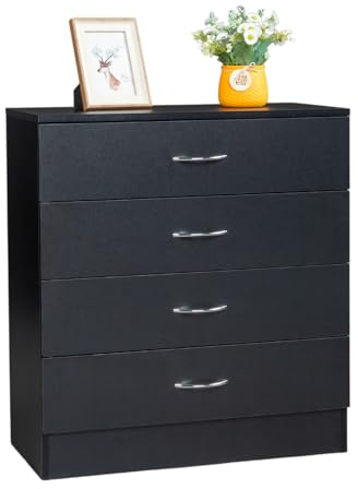 Karl home Black 4 Drawer Dresser for Bedroom, Modern Nightstand Storage Chest of Drawer, Wooden Side Table End Table, Living Room, Reception Room