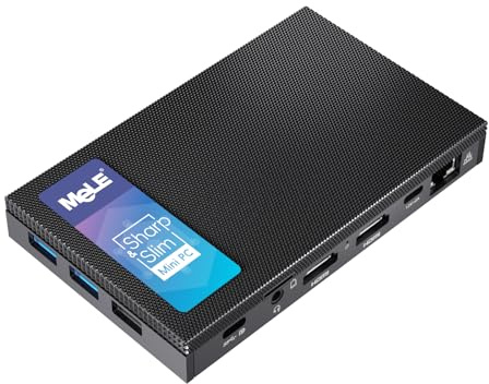 MeLE Quieter4C Fanless N100 Mini PC 8GB LPDDR5 128GB eMMC Win11pro Ultrathin Micro PC 2X HDMI + USB-C 4K Triple Display 2.4G/5GHz WiFi BT5.1 GbE Small Desktop Computer on Office IoT Digital Signage