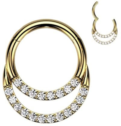 Piersando Piercing Ring Septum Nasenpiercing Nasenring Ohrpiercing Ohr Nase Titan Doppel Segment Clicker Kristalle vergoldet 1,2mm x 10mm | Gold