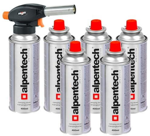REXXER Gasbrenner Set mit 6 Alpentech Butangaskartuschen | 1300 W, Piezozündung, 6 Butangaskartuschen 220 g, bis 1300 °C