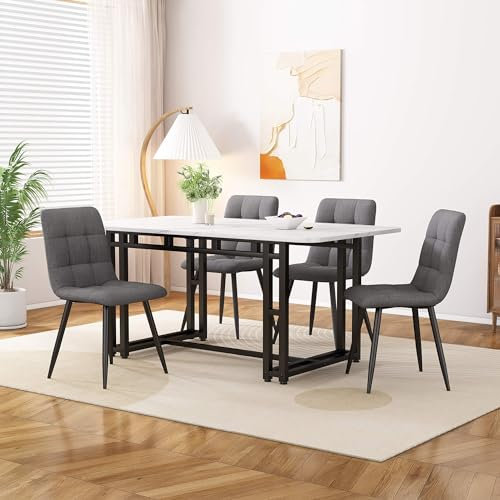 Esszimmergruppe mit Esstisch und 4 Dunkelgrauer Stühlen, Modern Küchentisch Set für Wohnzimmer und Küche, Essensstuhl aus Leinen, Essgruppen mit Schwarz Eisen Beintisch, für Stilvolle Dinnerpartys